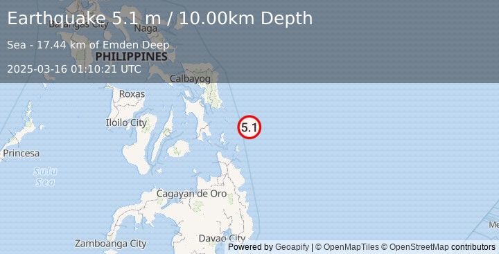 Earthquake PHILIPPINE ISLANDS REGION (5.1 m) (2025-03-16 01:10:28 UTC)