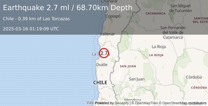 Earthquake COQUIMBO, CHILE (2.7 ml) (2025-03-16 01:19:09 UTC)