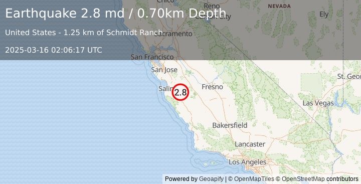 Earthquake CENTRAL CALIFORNIA (2.8 md) (2025-03-16 02:06:17 UTC)