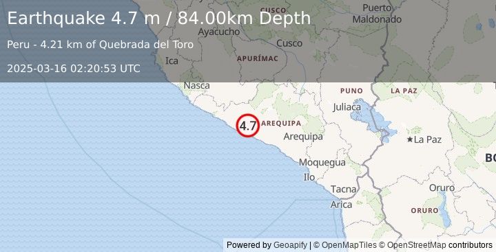 Earthquake NEAR COAST OF SOUTHERN PERU (4.7 m) (2025-03-16 02:20:53 UTC)