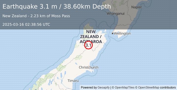 Earthquake SOUTH ISLAND OF NEW ZEALAND (3.1 m) (2025-03-16 02:38:56 UTC)