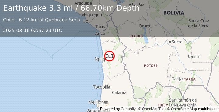 Earthquake TARAPACA, CHILE (3.3 ml) (2025-03-16 02:57:23 UTC)