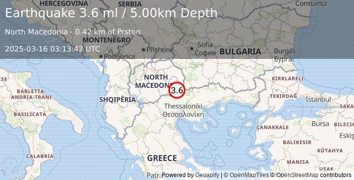 Earthquake REPUBLIC OF NORTH MACEDONIA (3.6 ml) (2025-03-16 03:13:42 UTC)