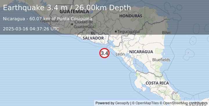 Earthquake NEAR COAST OF NICARAGUA (3.4 m) (2025-03-16 04:37:26 UTC)