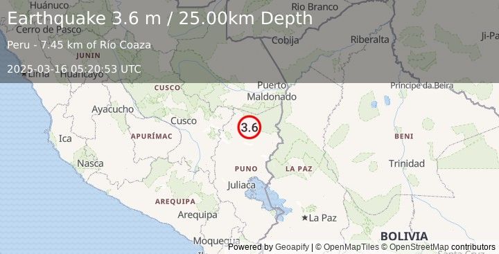 Earthquake SOUTHERN PERU (3.6 m) (2025-03-16 05:20:53 UTC)