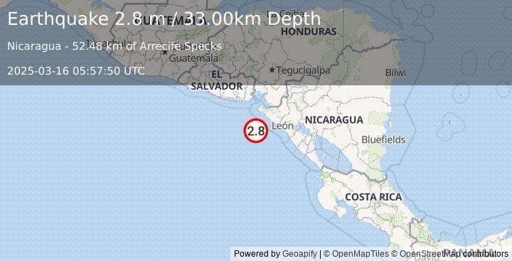 Earthquake NEAR COAST OF NICARAGUA (2.8 m) (2025-03-16 05:57:50 UTC)