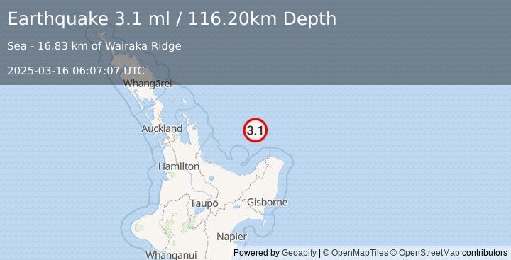 Earthquake OFF E. COAST OF N. ISLAND, N.Z. (3.1 ml) (2025-03-16 06:07:07 UTC)