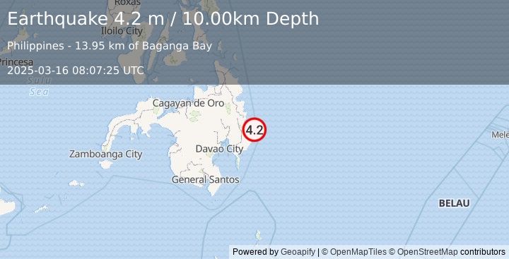 Earthquake MINDANAO, PHILIPPINES (4.2 m) (2025-03-16 08:07:25 UTC)