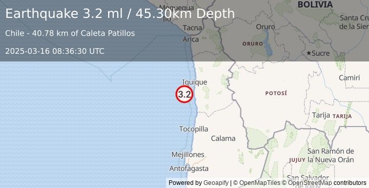 Earthquake OFFSHORE TARAPACA, CHILE (3.2 ml) (2025-03-16 08:36:30 UTC)