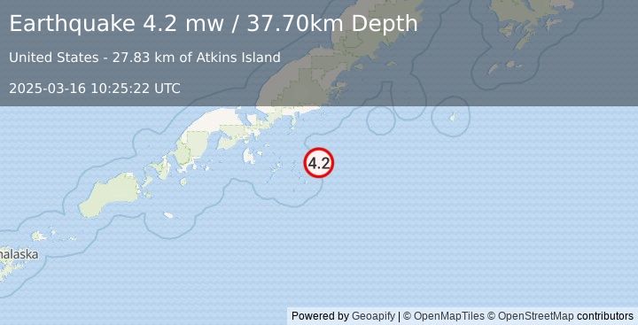 Earthquake ALASKA PENINSULA (4.2 mw) (2025-03-16 10:25:22 UTC)