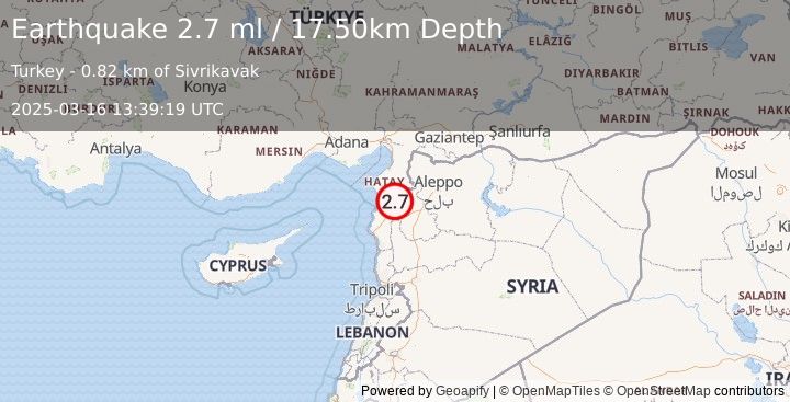 Earthquake TURKEY-SYRIA BORDER REGION (2.7 ml) (2025-03-16 13:39:19 UTC)