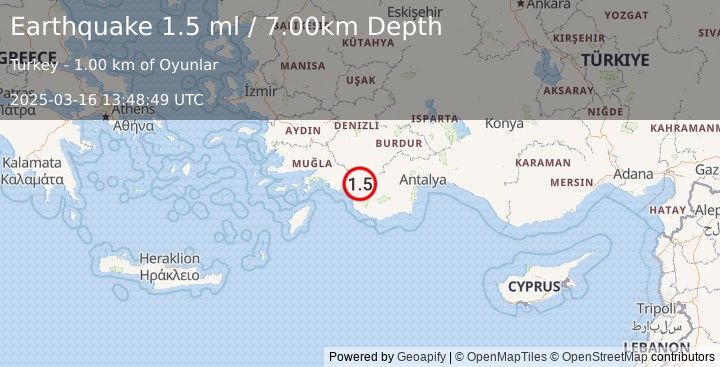 Earthquake WESTERN TURKEY (1.5 ml) (2025-03-16 13:48:49 UTC)