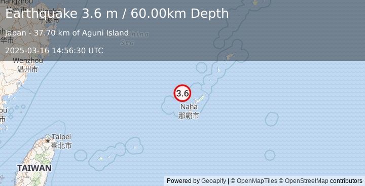 Earthquake RYUKYU ISLANDS, JAPAN (3.6 m) (2025-03-16 14:56:30 UTC)