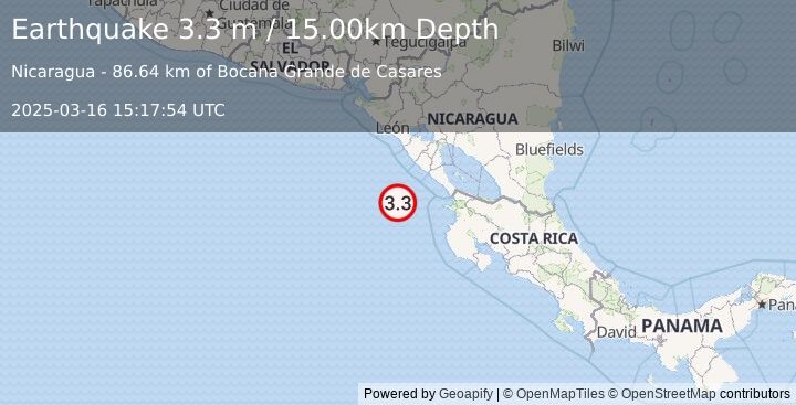 Earthquake NEAR COAST OF NICARAGUA (3.3 m) (2025-03-16 15:17:56 UTC)