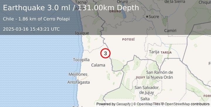 Earthquake ANTOFAGASTA, CHILE (3.0 ml) (2025-03-16 15:43:21 UTC)