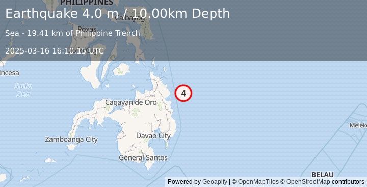 Earthquake MINDANAO, PHILIPPINES (4.0 m) (2025-03-16 16:10:15 UTC)