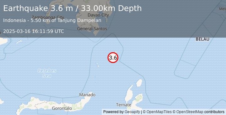 Earthquake KEPULAUAN TALAUD, INDONESIA (3.6 m) (2025-03-16 16:11:59 UTC)