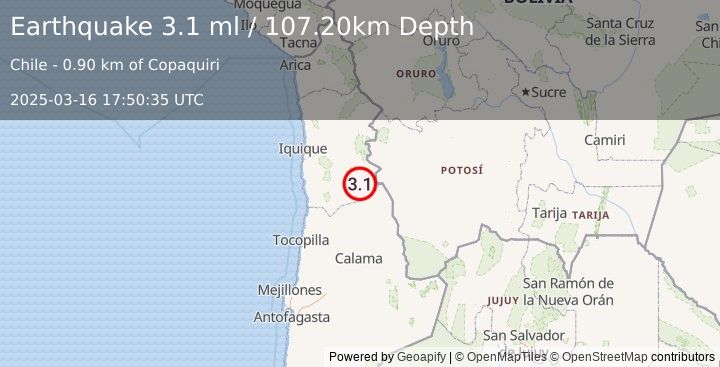 Earthquake ANTOFAGASTA, CHILE (3.1 ml) (2025-03-16 17:50:35 UTC)