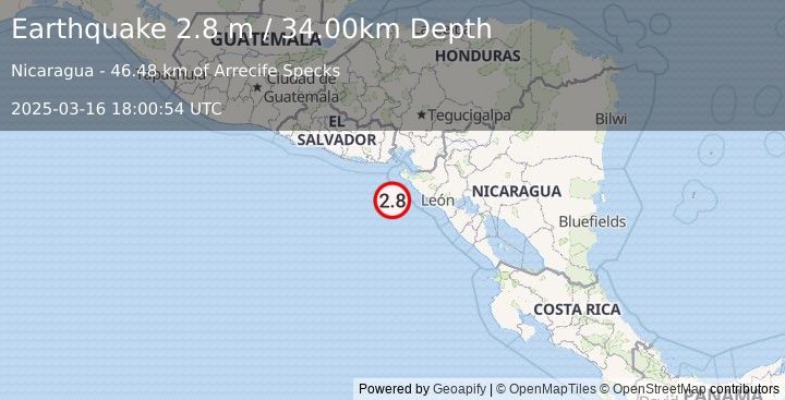 Earthquake NEAR COAST OF NICARAGUA (2.8 m) (2025-03-16 18:00:54 UTC)