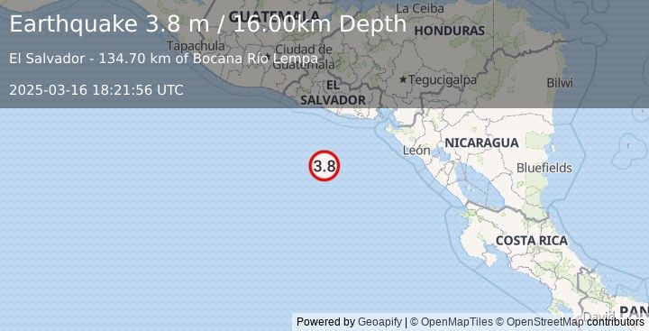 Earthquake OFF THE COAST OF EL SALVADOR (3.8 m) (2025-03-16 18:21:56 UTC)