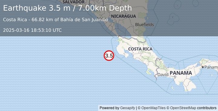 Earthquake OFF COAST OF COSTA RICA (3.5 m) (2025-03-16 18:53:10 UTC)