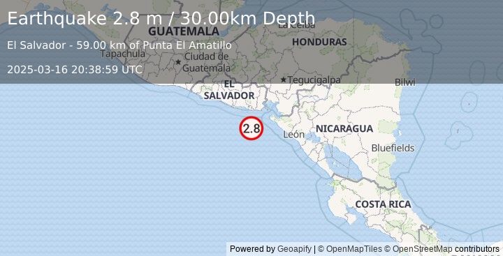 Earthquake OFFSHORE EL SALVADOR (2.8 m) (2025-03-16 20:38:59 UTC)