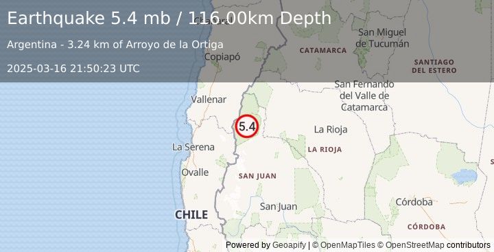 Earthquake SAN JUAN, ARGENTINA (5.1 mb) (2025-03-16 21:50:22 UTC)