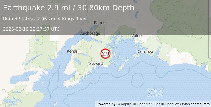 Earthquake KENAI PENINSULA, ALASKA (2.9 ml) (2025-03-16 22:27:57 UTC)