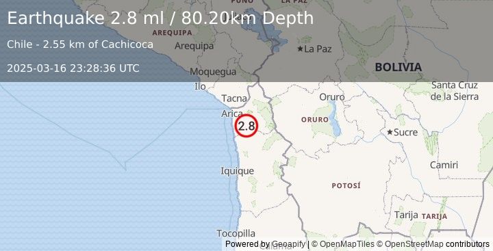 Earthquake TARAPACA, CHILE (2.8 ml) (2025-03-16 23:28:36 UTC)