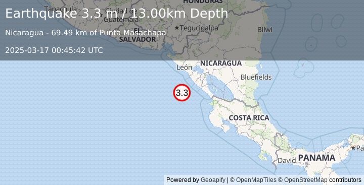 Earthquake NEAR COAST OF NICARAGUA (3.3 m) (2025-03-17 00:45:42 UTC)