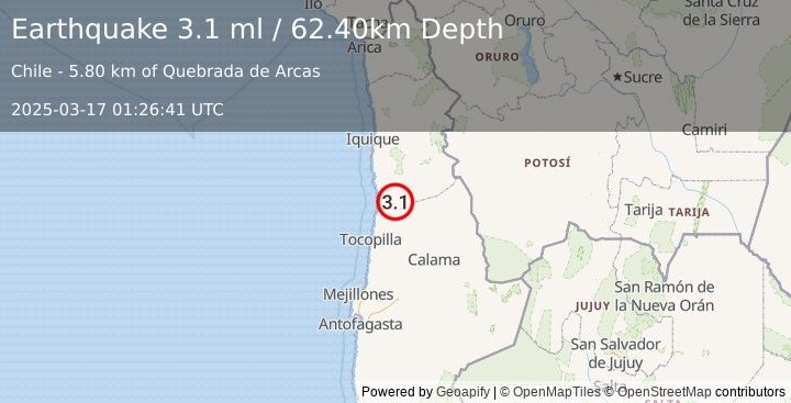 Earthquake TARAPACA, CHILE (3.1 ml) (2025-03-17 01:26:41 UTC)