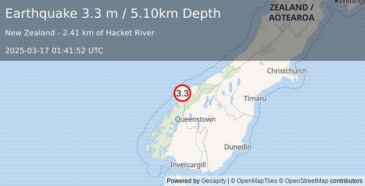 Earthquake SOUTH ISLAND OF NEW ZEALAND (3.3 m) (2025-03-17 01:41:52 UTC)