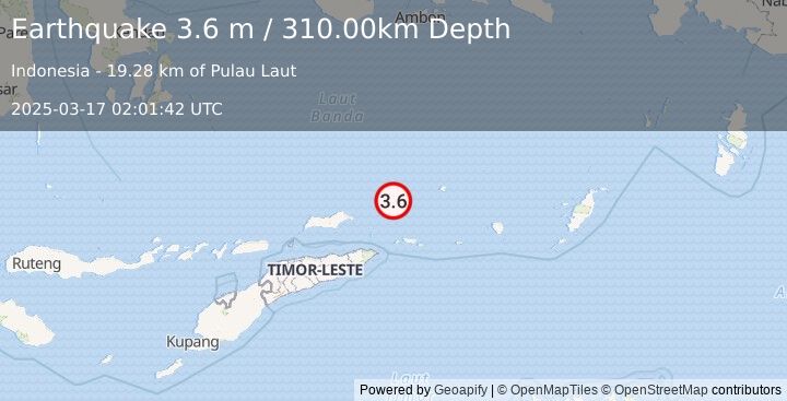 Earthquake KEPULAUAN BARAT DAYA, INDONESIA (3.6 m) (2025-03-17 02:01:42 UTC)