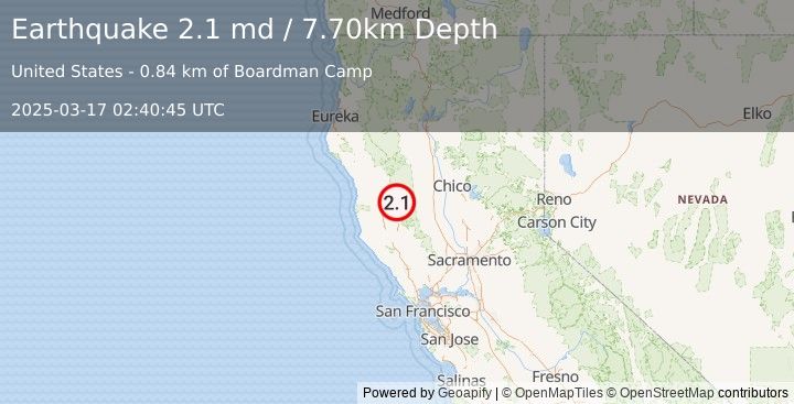 Earthquake NORTHERN CALIFORNIA (2.1 md) (2025-03-17 02:40:45 UTC)