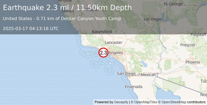 Earthquake GREATER LOS ANGELES AREA, CALIF. (2.3 ml) (2025-03-17 04:13:16 UTC)