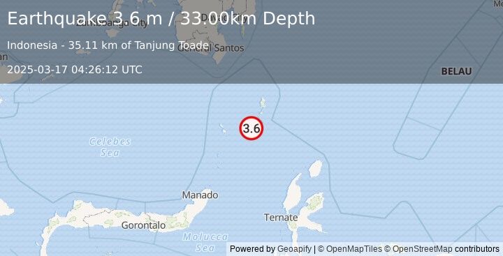 Earthquake KEPULAUAN TALAUD, INDONESIA (3.6 m) (2025-03-17 04:26:12 UTC)