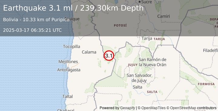 Earthquake POTOSI, BOLIVIA (3.1 ml) (2025-03-17 06:35:21 UTC)