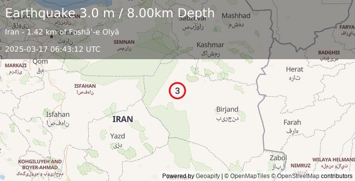 Earthquake EASTERN IRAN (3.0 m) (2025-03-17 06:43:12 UTC)