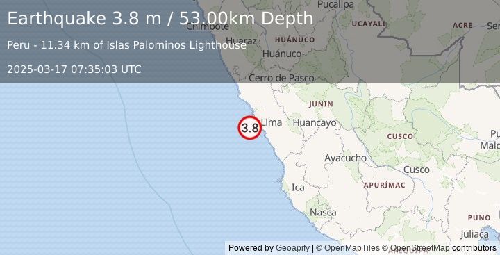 Earthquake NEAR COAST OF CENTRAL PERU (3.8 m) (2025-03-17 07:35:03 UTC)