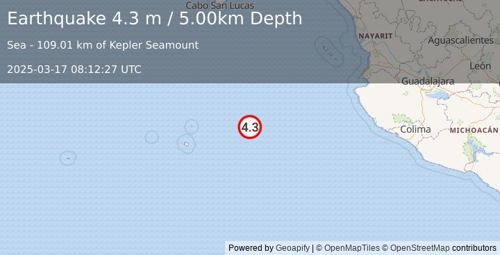 Earthquake REVILLA GIGEDO ISLANDS REGION (4.3 m) (2025-03-17 08:12:27 UTC)