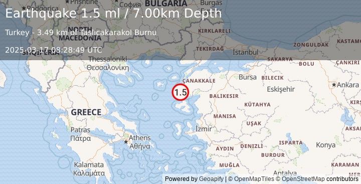 Earthquake NEAR THE COAST OF WESTERN TURKEY (1.5 ml) (2025-03-17 08:28:49 UTC)