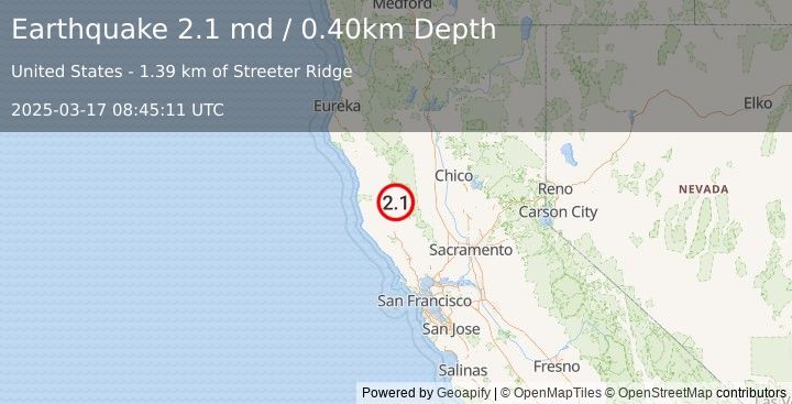 Earthquake NORTHERN CALIFORNIA (2.1 md) (2025-03-17 08:45:11 UTC)