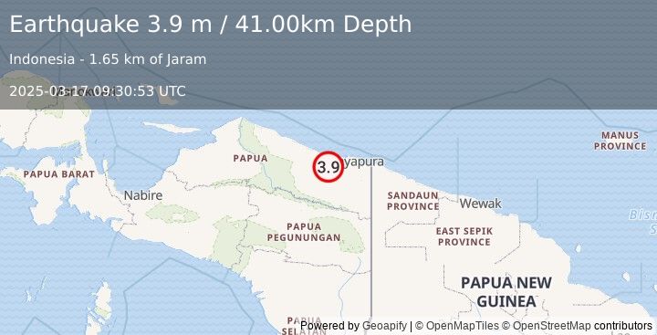 Earthquake NEAR N COAST OF PAPUA, INDONESIA (3.9 m) (2025-03-17 09:30:53 UTC)