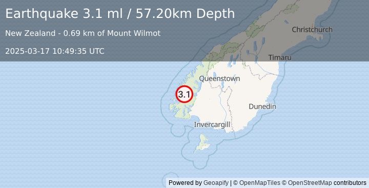 Earthquake SOUTH ISLAND OF NEW ZEALAND (3.1 ml) (2025-03-17 10:49:35 UTC)