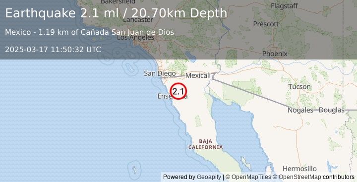 Earthquake BAJA CALIFORNIA, MEXICO (2.1 ml) (2025-03-17 11:50:32 UTC)