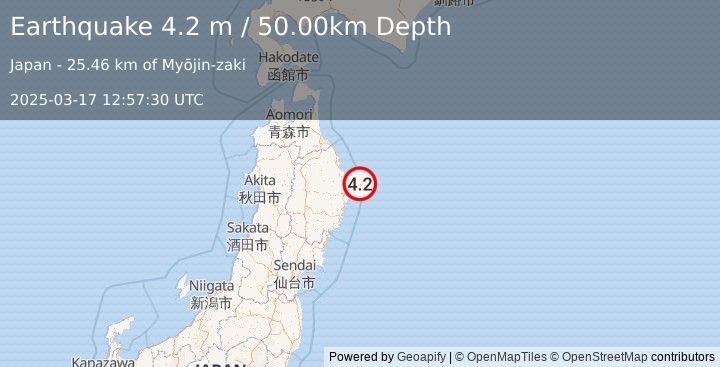 Earthquake NEAR EAST COAST OF HONSHU, JAPAN (4.2 m) (2025-03-17 12:57:30 UTC)