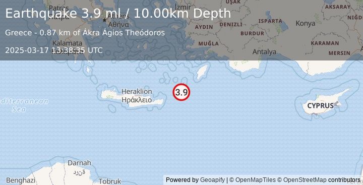 Earthquake DODECANESE ISLANDS, GREECE (3.9 ml) (2025-03-17 13:38:35 UTC)