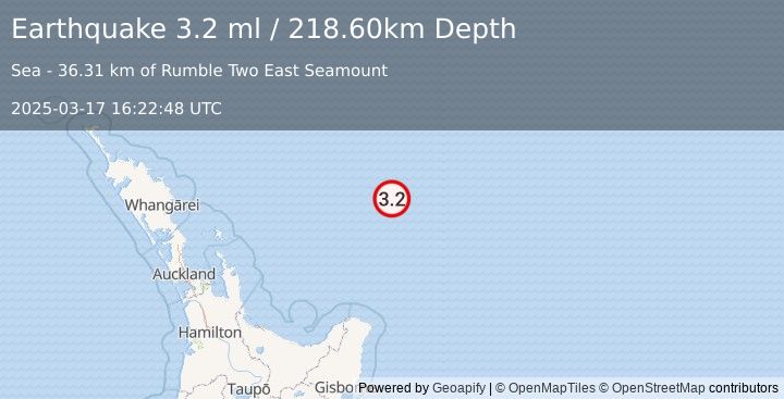 Earthquake OFF E. COAST OF N. ISLAND, N.Z. (3.2 ml) (2025-03-17 16:22:48 UTC)