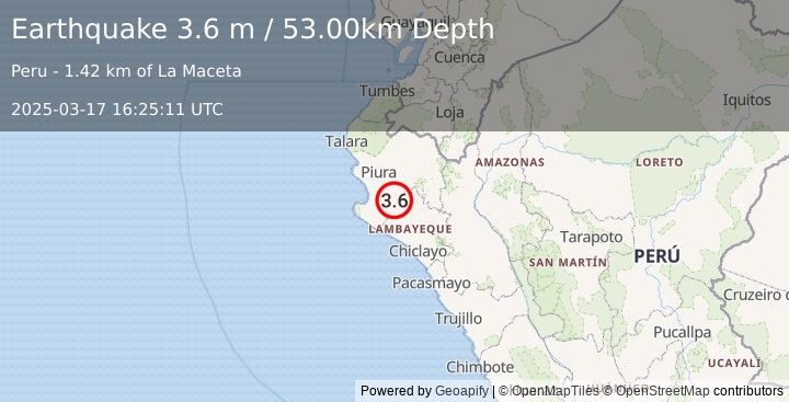 Earthquake NEAR COAST OF NORTHERN PERU (3.6 m) (2025-03-17 16:25:11 UTC)