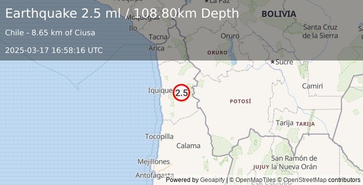 Earthquake TARAPACA, CHILE (2.5 ml) (2025-03-17 16:58:16 UTC)